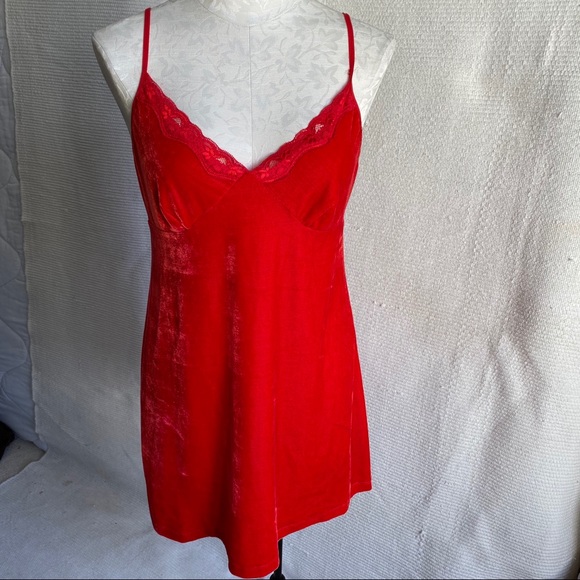Vintage 90s M/L Velvet Babydoll Slip Dress Red - Picture 2 of 8